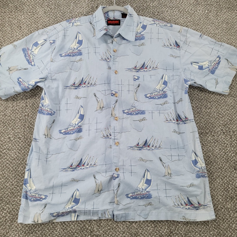 Vintage Wolverine Mens Large Blue Sailboat Print Cotton Short Sleeve Shirt